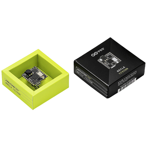 Zwei Schachteln mit Elektronikmodulen. Links eine geöffnete, gelbe Box mit Modul, rechts eine geschlossene, schwarze Box mit Beschriftung 'Nicla Vision'.